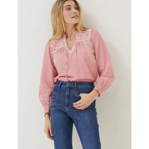 FAT FACE Nellie Embroidered Stripe Blouse 14 US Red 100% Cotton Long Sleeve Boho
